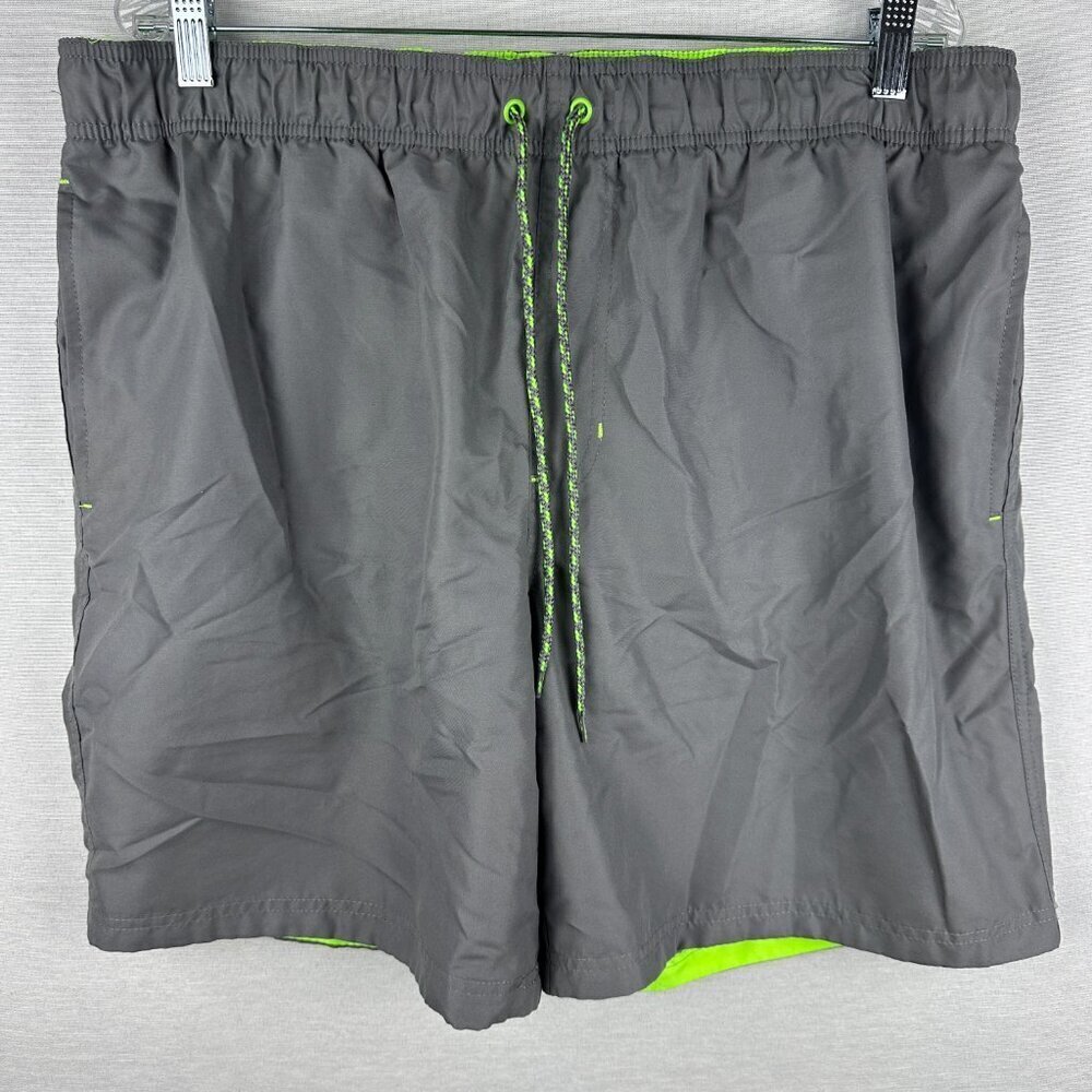 GEORGE MEN'S SWIMMING BOARD SHORTS GRAY AND NEON GREEN DRAWSTRING SIZE XL 40-42